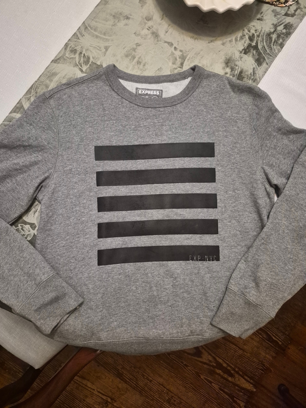 Express Men’s Gray Crewneck Sweatshirt with Black Stripe Graphic